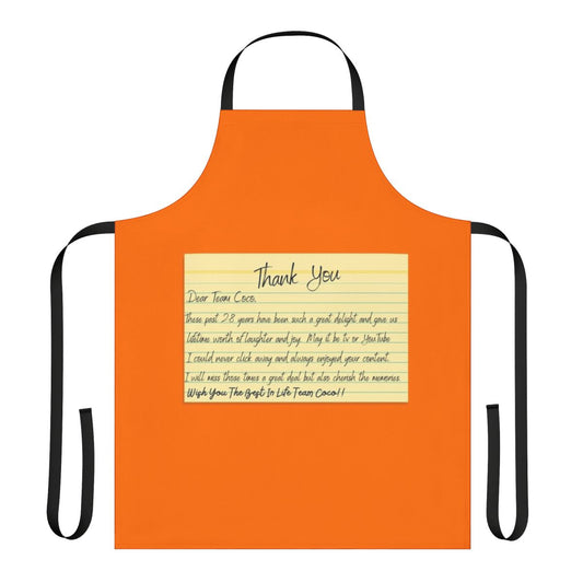 A black and red cooking apron featuring the "Team Coco" logo and a "Thank You" message, inspired by the popular late night talk show host Conan O'Brien.