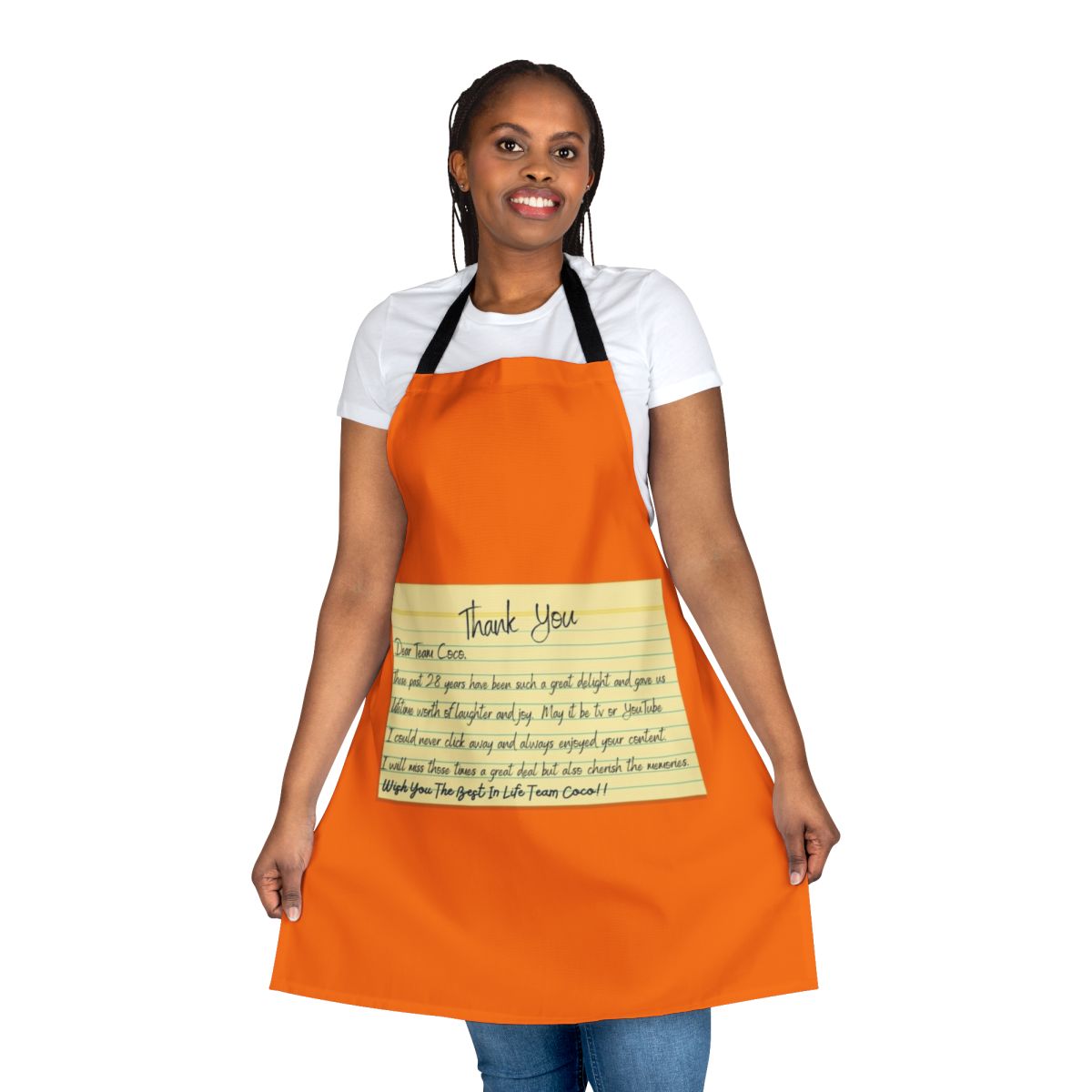 A black and red cooking apron featuring the "Team Coco" logo and a "Thank You" message, inspired by the popular late night talk show host Conan O'Brien.