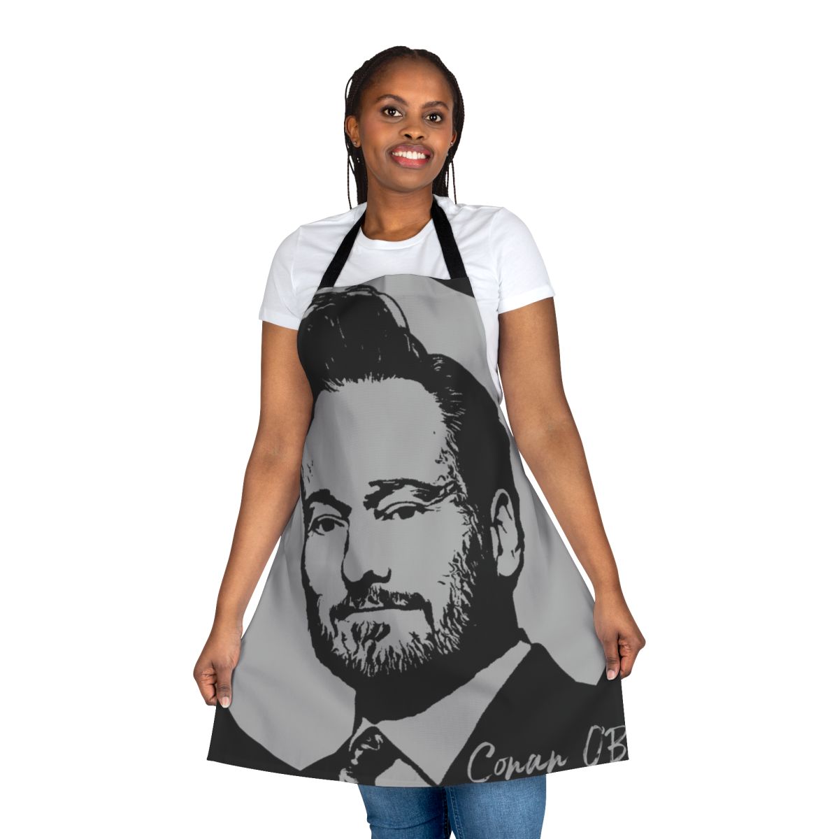 Transparent apron with Conan O'Brien and Team Coco design