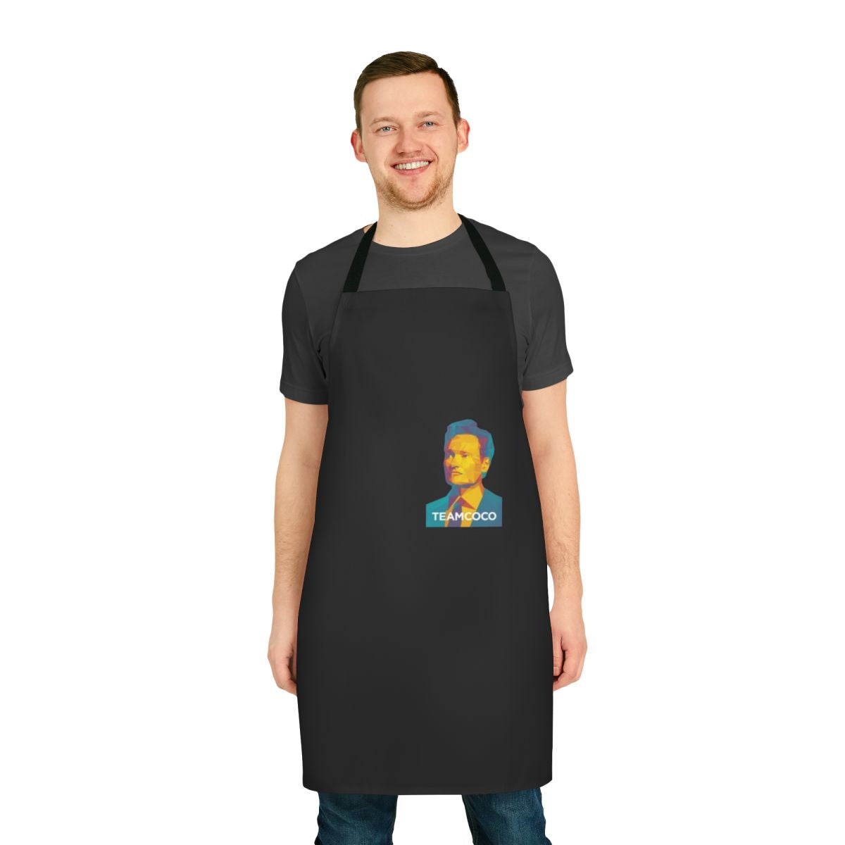 Conan O'Brien portrait apron, featuring a high-quality image of the popular late night TV host.