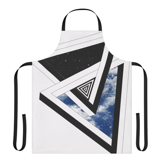 Conceptual and geometric apron design featuring a space-themed motif with stars, sky, and ocean waves.
