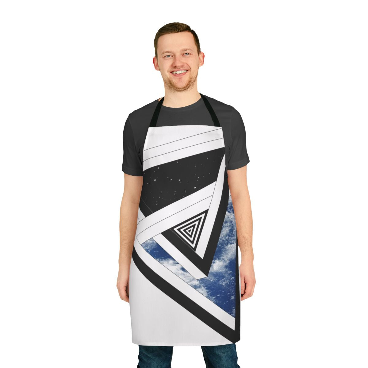 Conceptual and geometric apron design featuring a space-themed motif with stars, sky, and ocean waves.