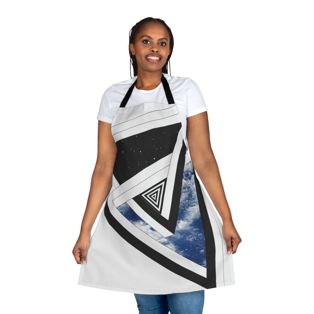 Conceptual and geometric apron design featuring a space-themed motif with stars, sky, and ocean waves.