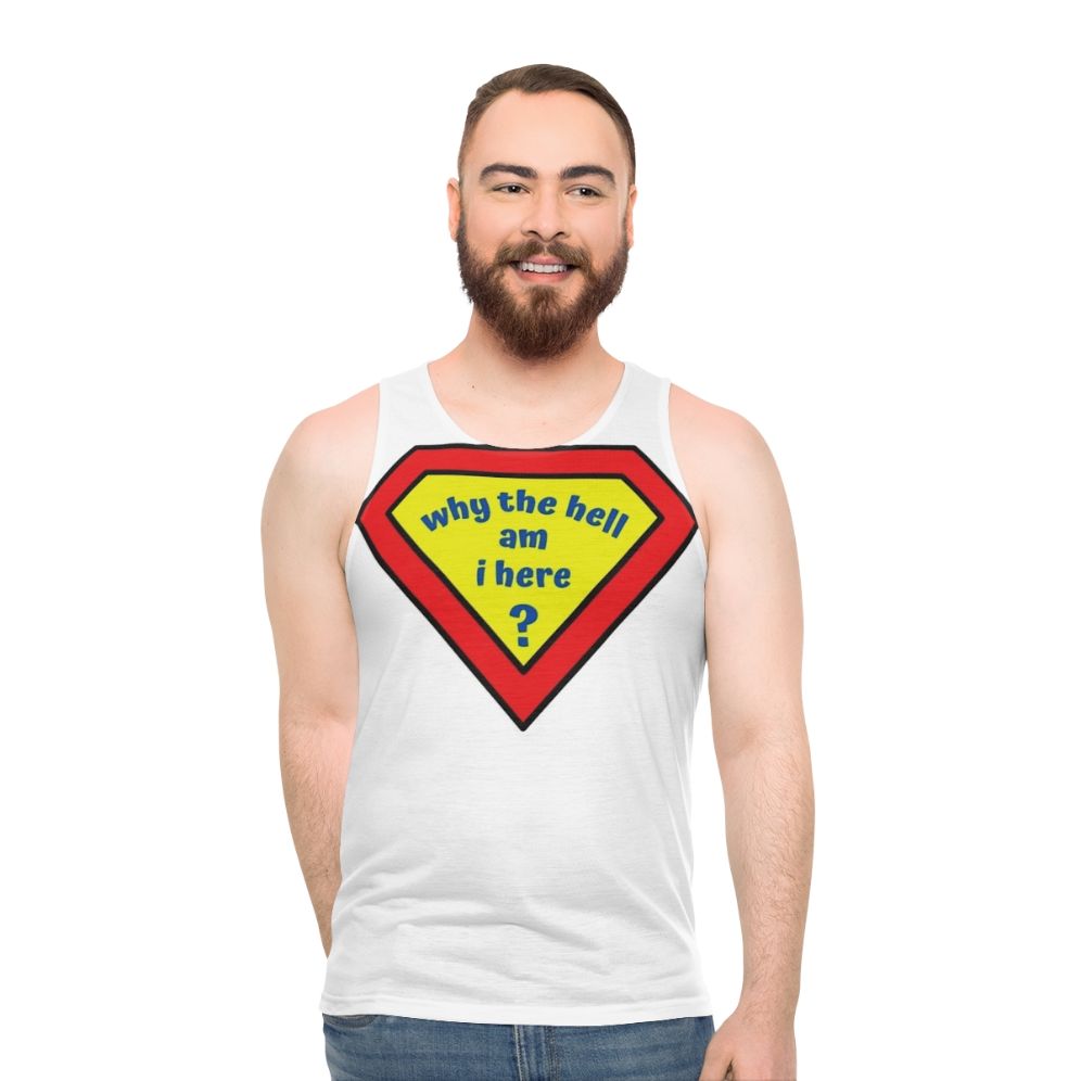 Confused comic superhero unisex tank top