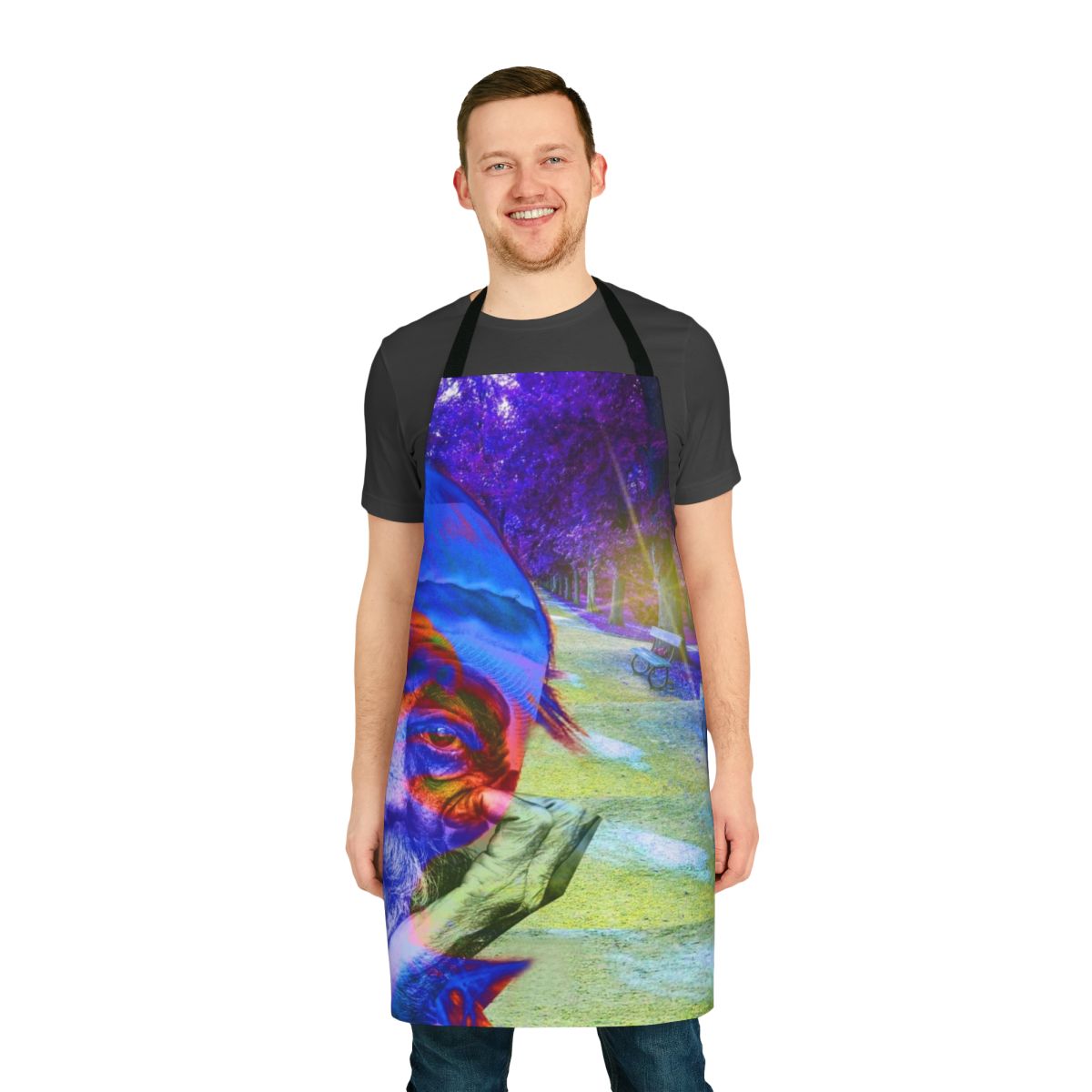 A colorful and stylish apron with a homelessness awareness design, promoting social justice and community support.