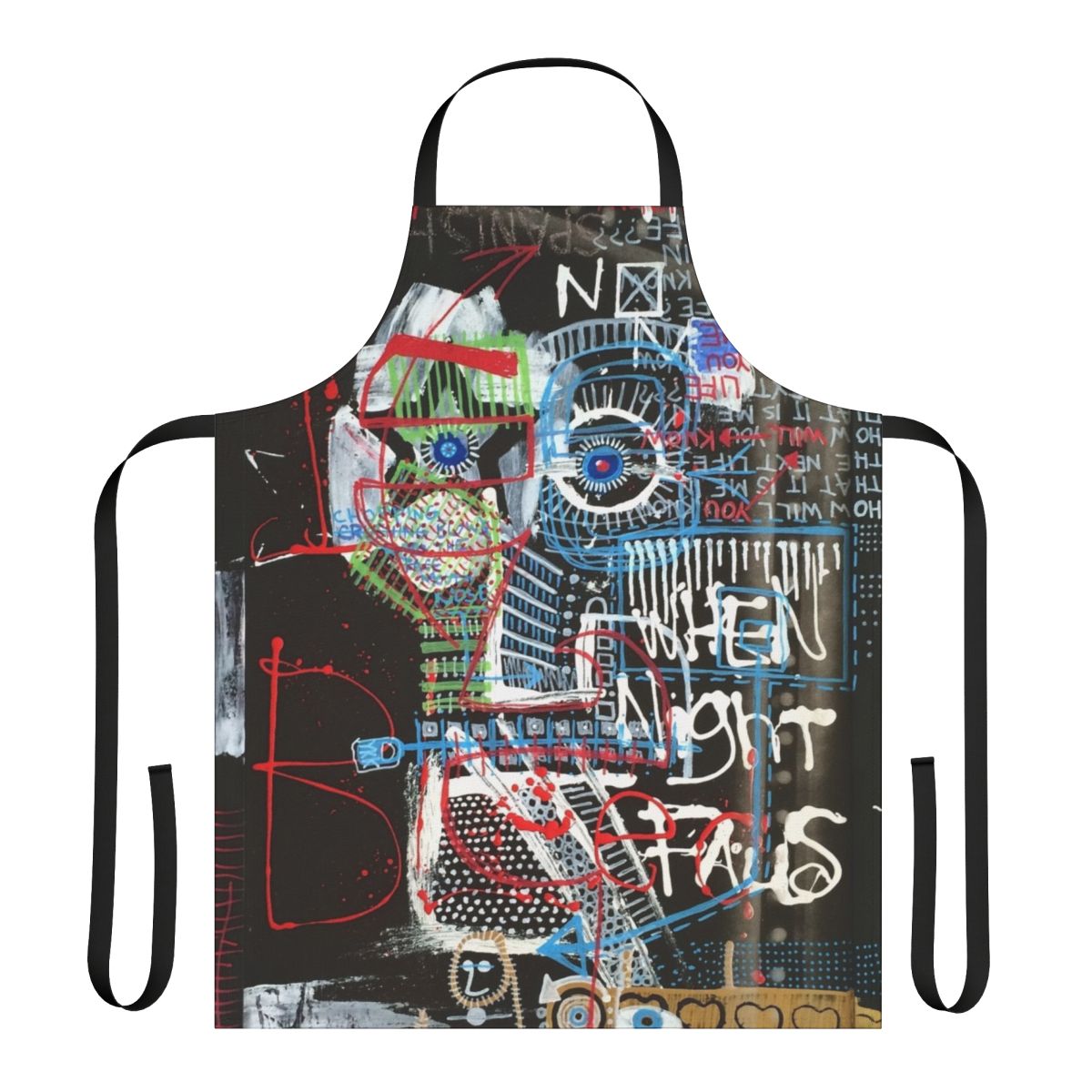 Contemplative abstract art piece featuring expressive face, words, and mixed media elements