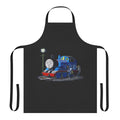 A black and white apron featuring a Banksy-style stencil graffiti design of Thomas the Tank Engine, a popular cartoon character.