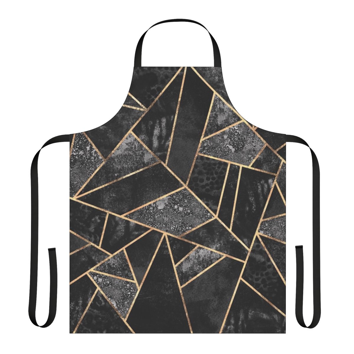 A black and gold abstract geometric patterned apron with a textured fabric design.