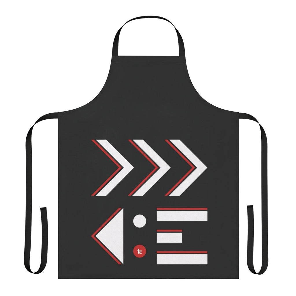 A black and white apron with a contrast design inspired by the Kensa collection in the Splatoon video game series.