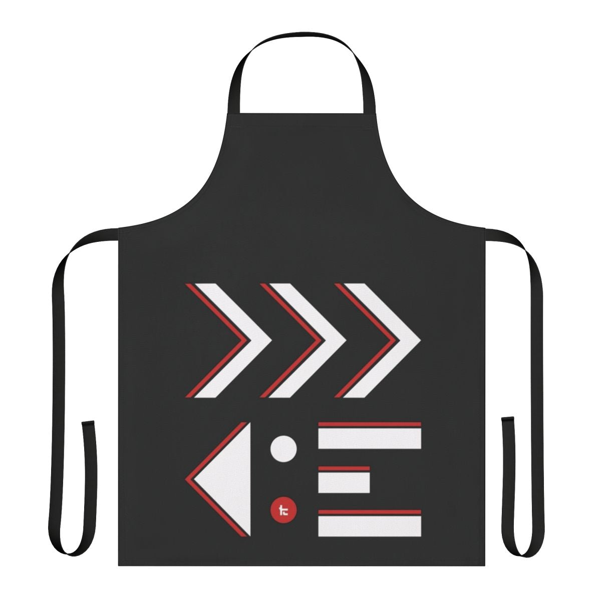 A black and white apron with a contrast design inspired by the Kensa collection in the Splatoon video game series.