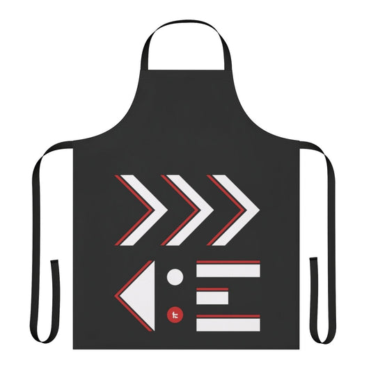 A black and white apron with a contrast design inspired by the Kensa collection in the Splatoon video game series.