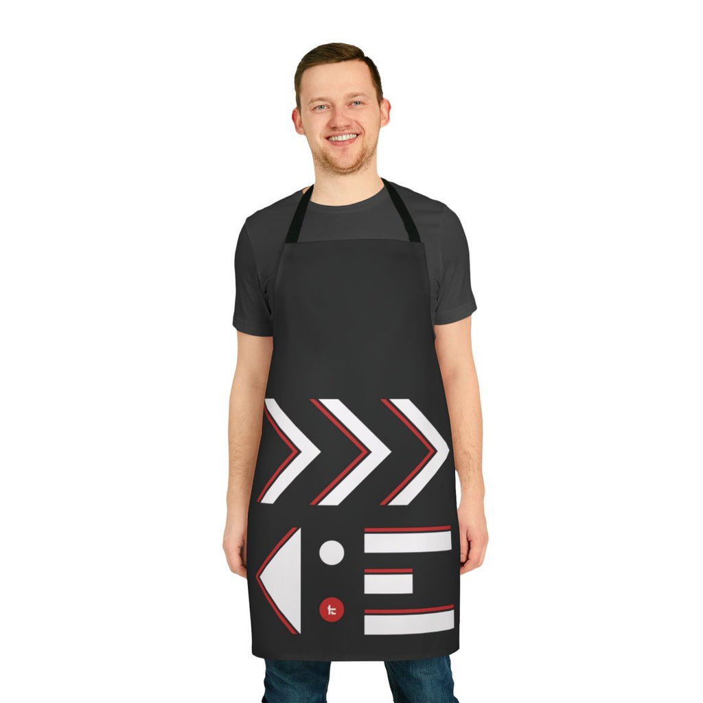 A black and white apron with a contrast design inspired by the Kensa collection in the Splatoon video game series.