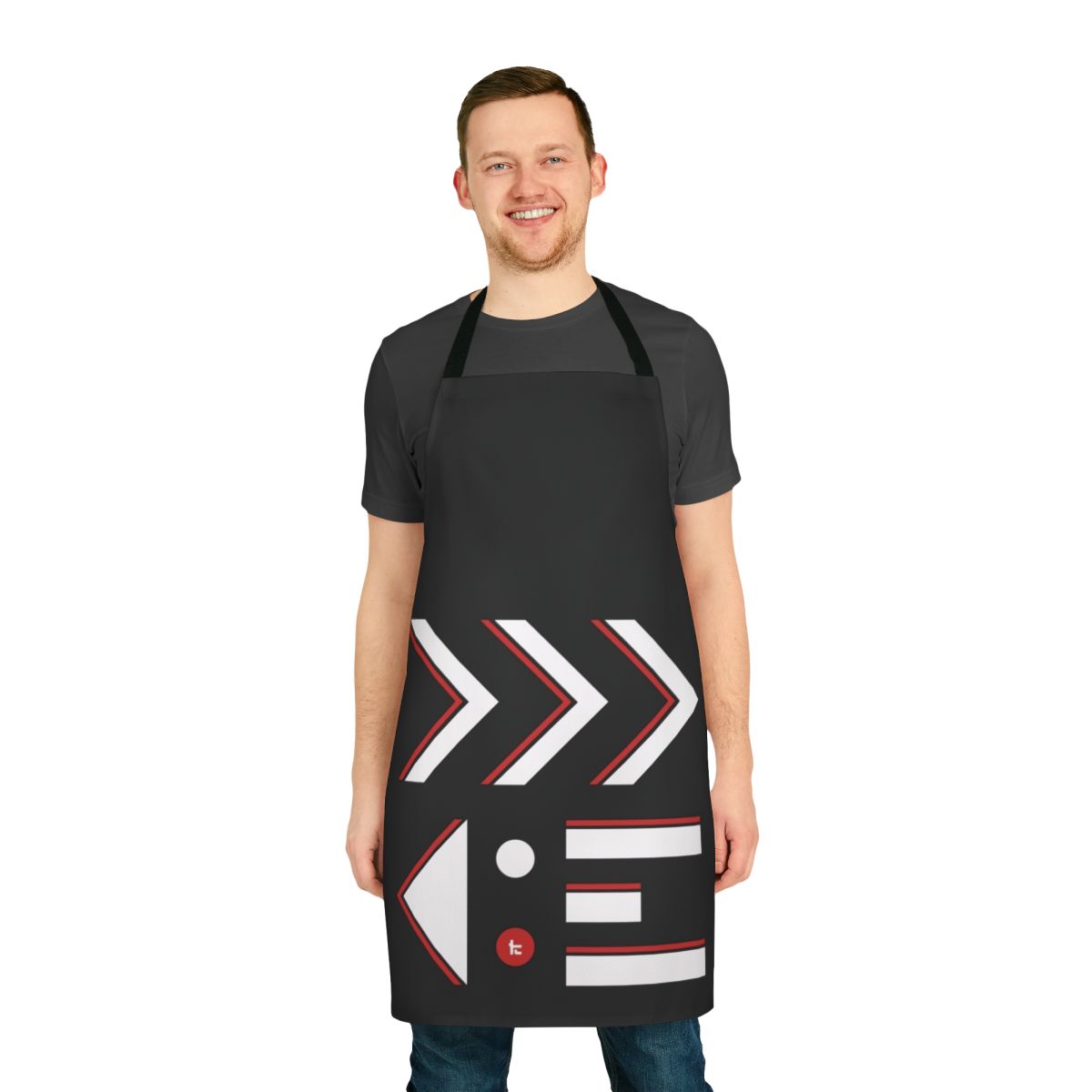 A black and white apron with a contrast design inspired by the Kensa collection in the Splatoon video game series.