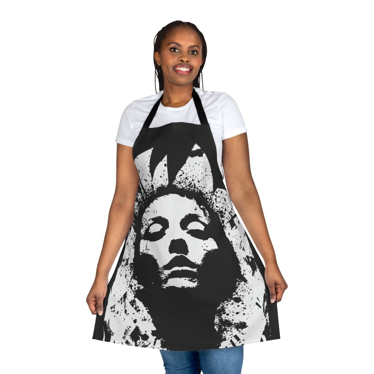 Stylish and durable Converge-inspired Jane Doe apron, featuring a bold black design