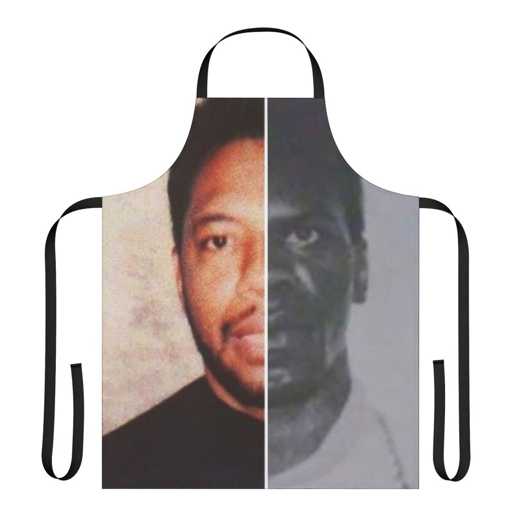 Cooking apron featuring the names of influential leaders in the gangsta rap community