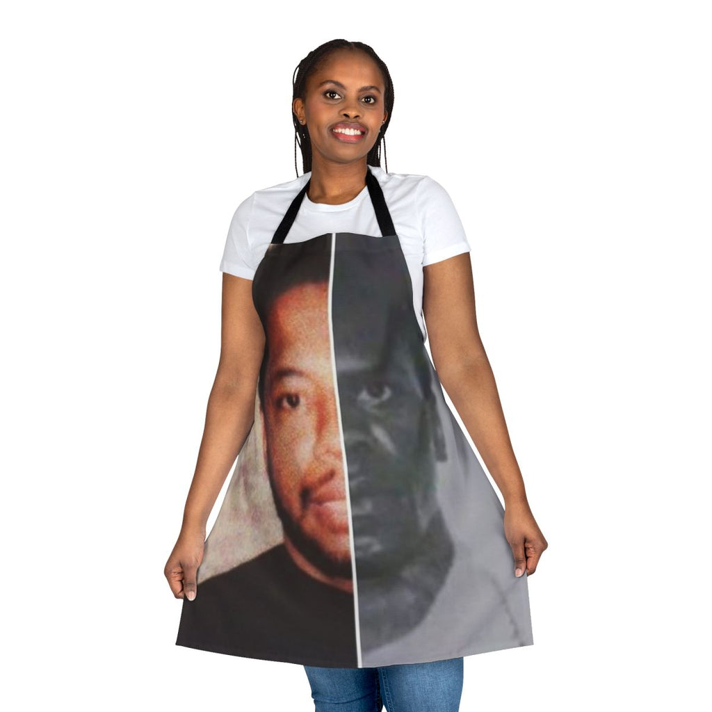 Cooking apron featuring the names of influential leaders in the gangsta rap community