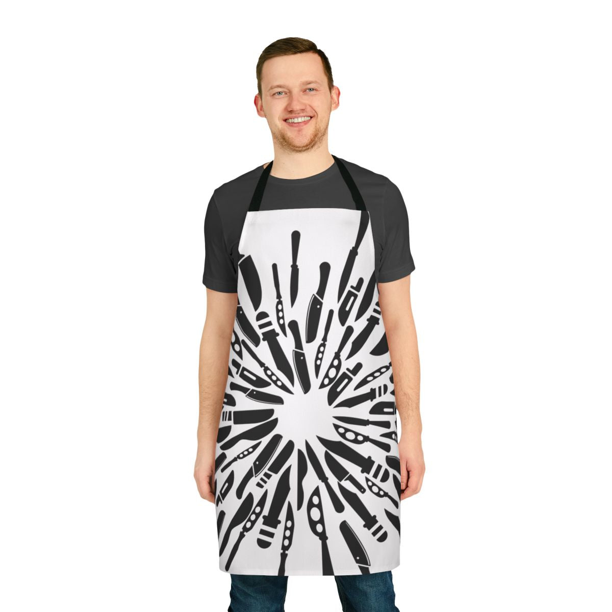 A cooking apron featuring a "Knives Out" inspired design with a donut hole pattern and character names.