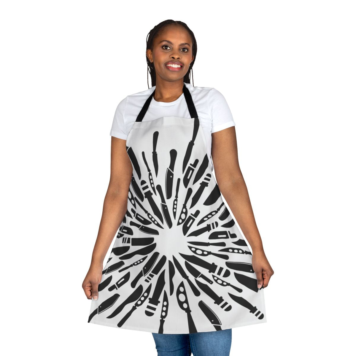 A cooking apron featuring a "Knives Out" inspired design with a donut hole pattern and character names.
