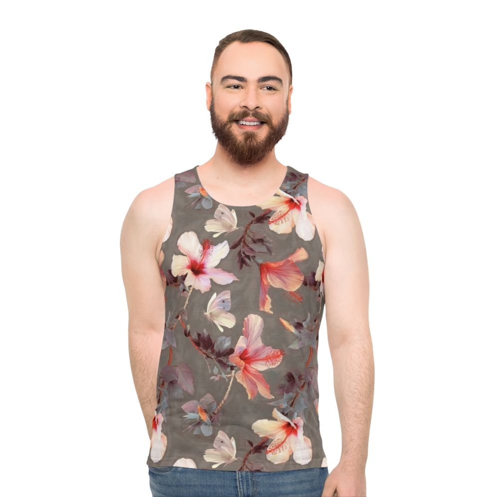 Coral hibiscus floral painted unisex tank top
