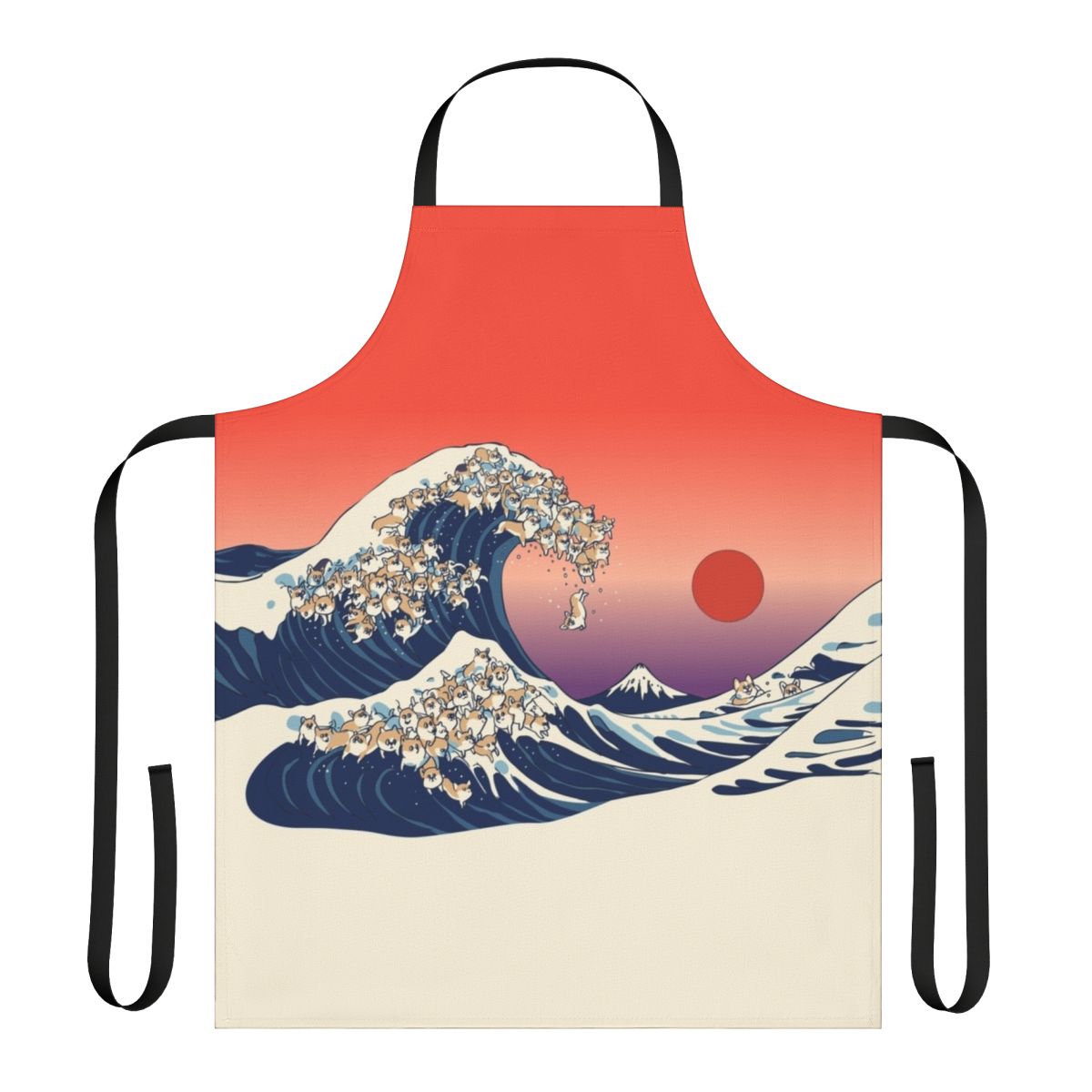 Corgi apron design featuring the famous 'Great Wave off Kanagawa' artwork