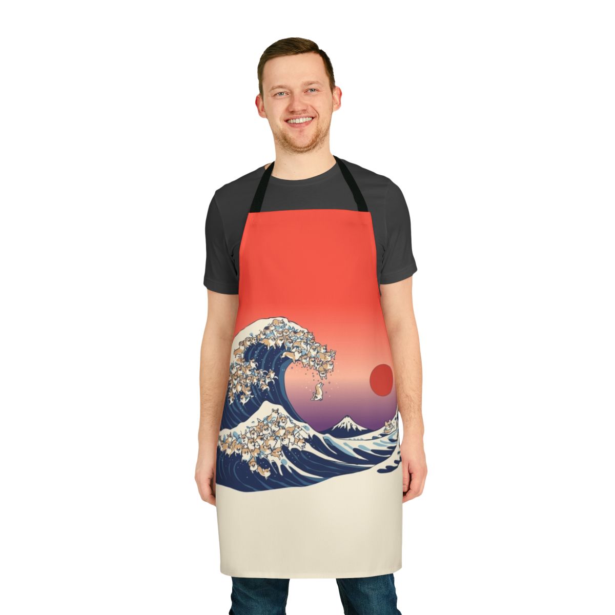 Corgi apron design featuring the famous 'Great Wave off Kanagawa' artwork