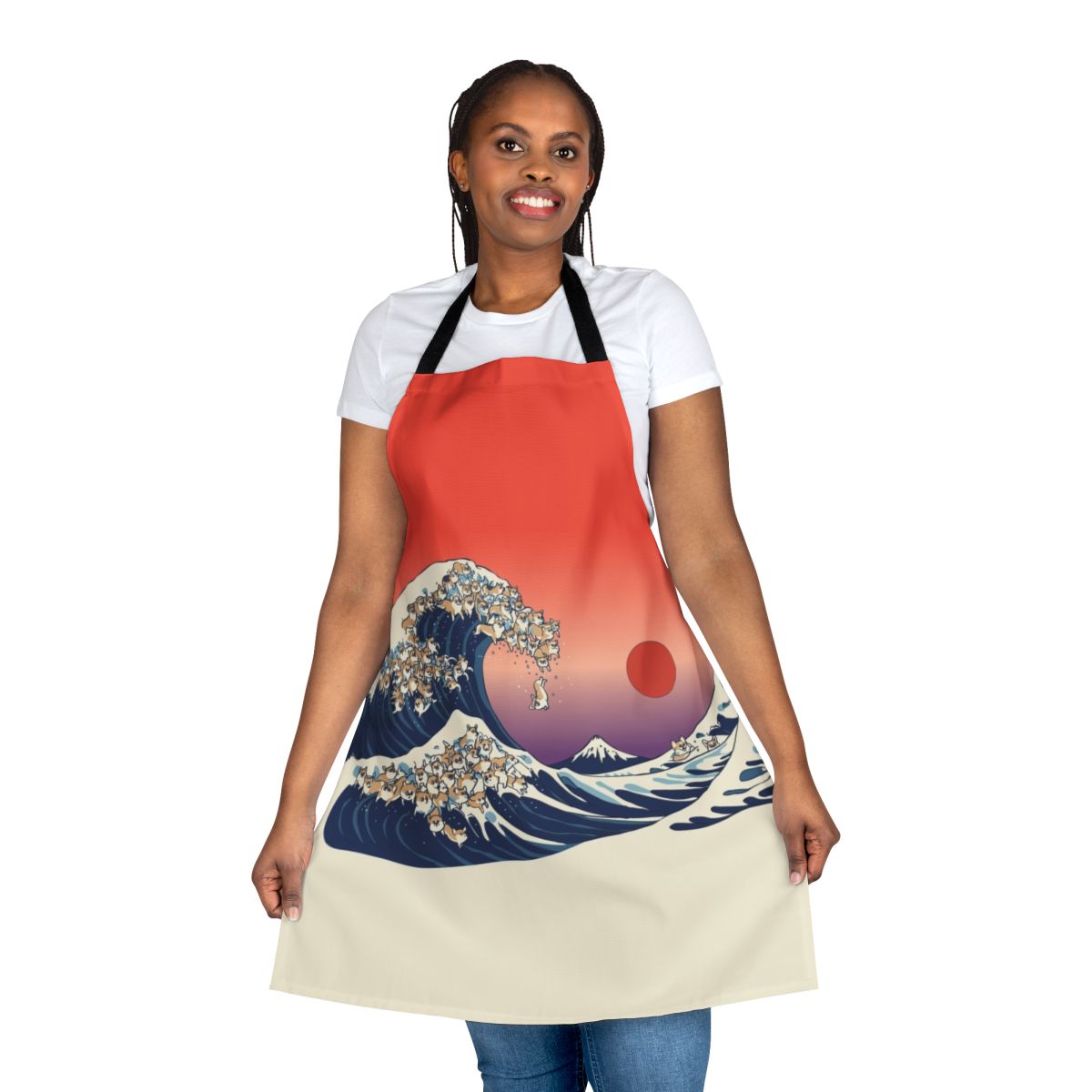 Corgi apron design featuring the famous 'Great Wave off Kanagawa' artwork