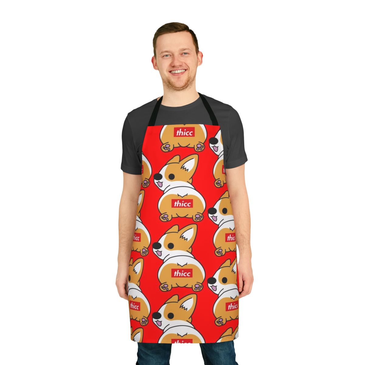 Corgi butt-themed cartoon apron with a playful and humorous design
