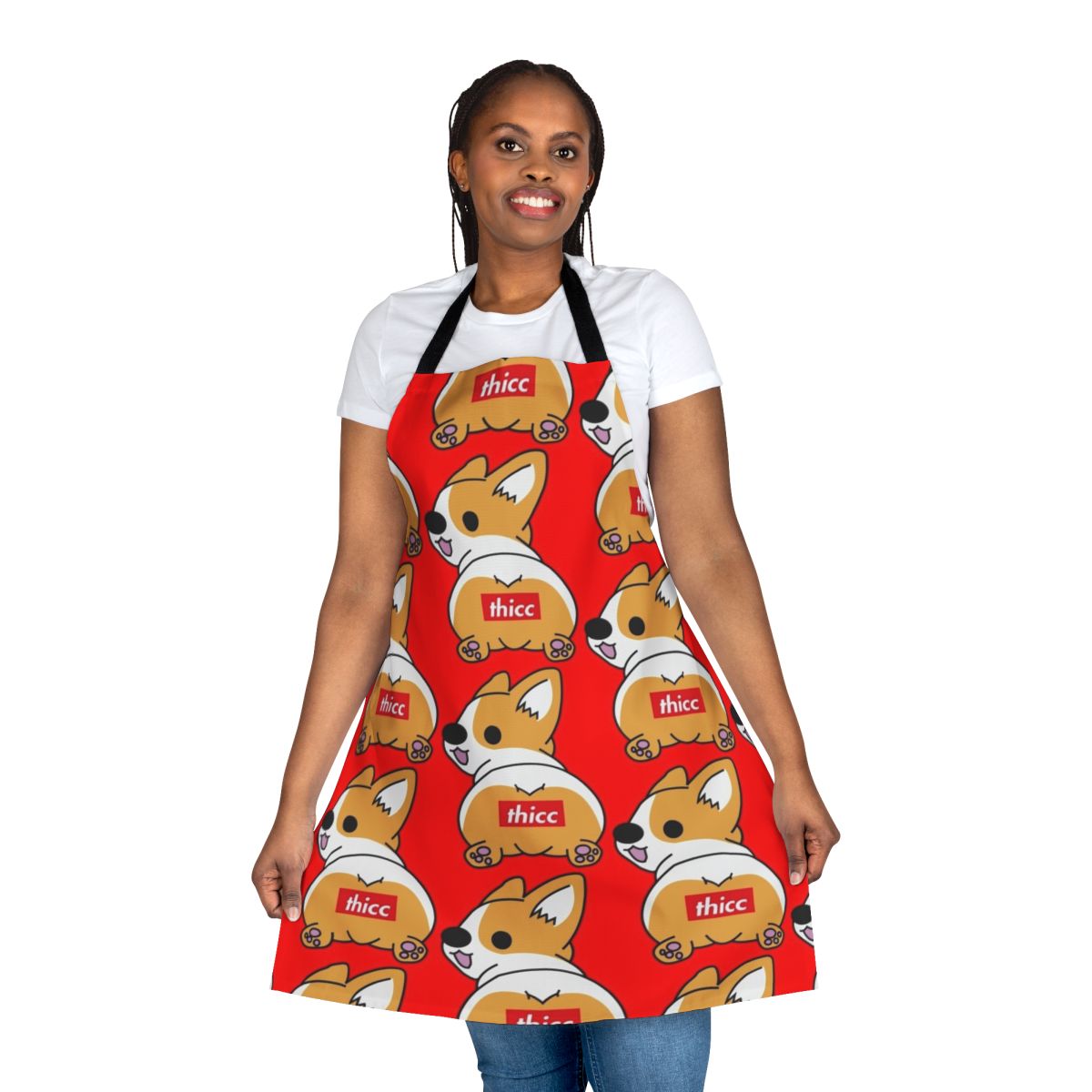 Corgi butt-themed cartoon apron with a playful and humorous design