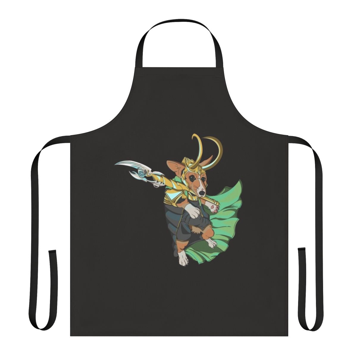 Corgi wearing a Loki-themed apron, with the text "Loki Corgi of Asgard"