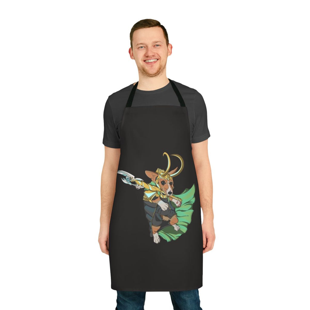 Corgi wearing a Loki-themed apron, with the text "Loki Corgi of Asgard"