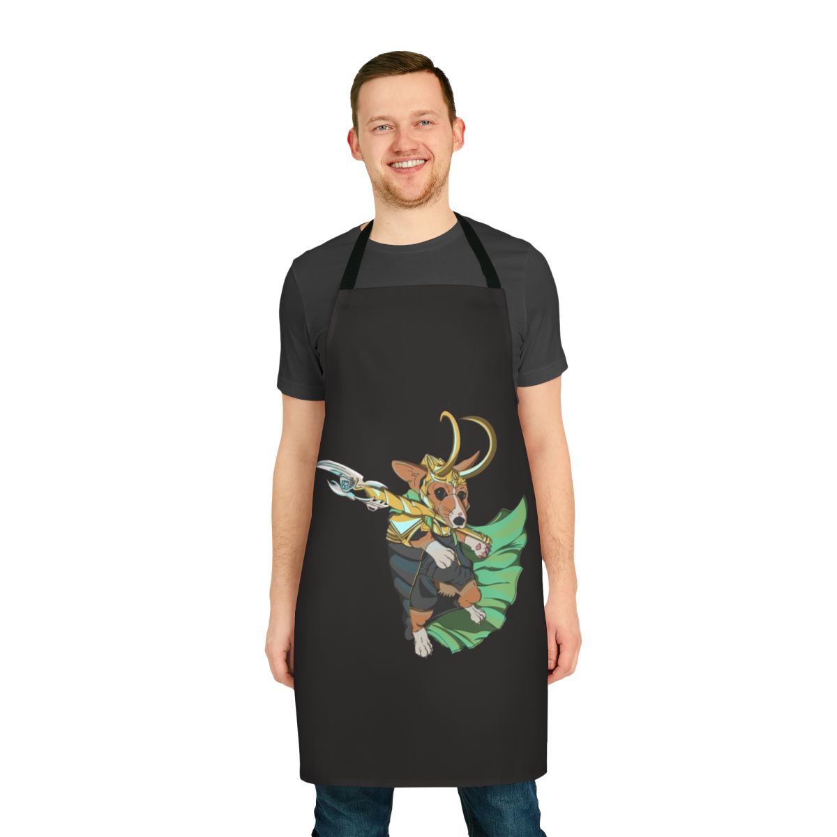 Corgi wearing a Loki-themed apron, with the text "Loki Corgi of Asgard"