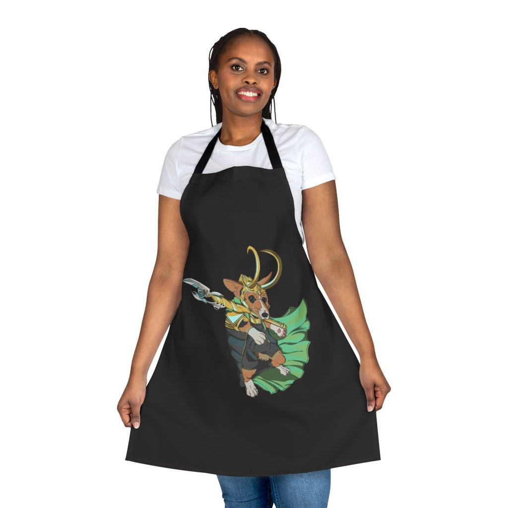 Corgi wearing a Loki-themed apron, with the text "Loki Corgi of Asgard"