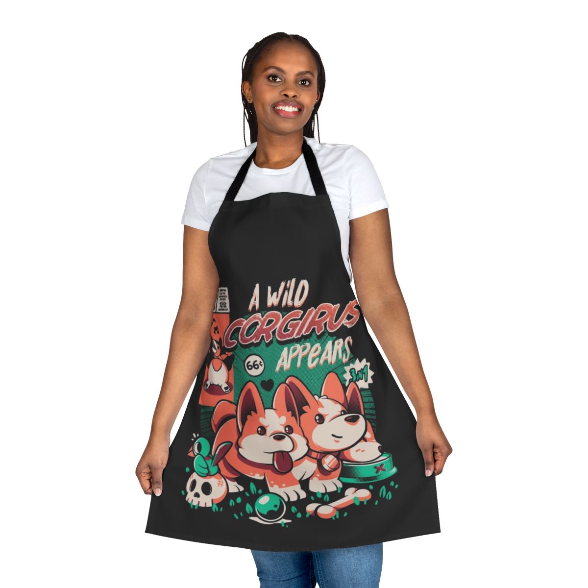Corgirus-themed apron featuring a playful, monster-like corgi design