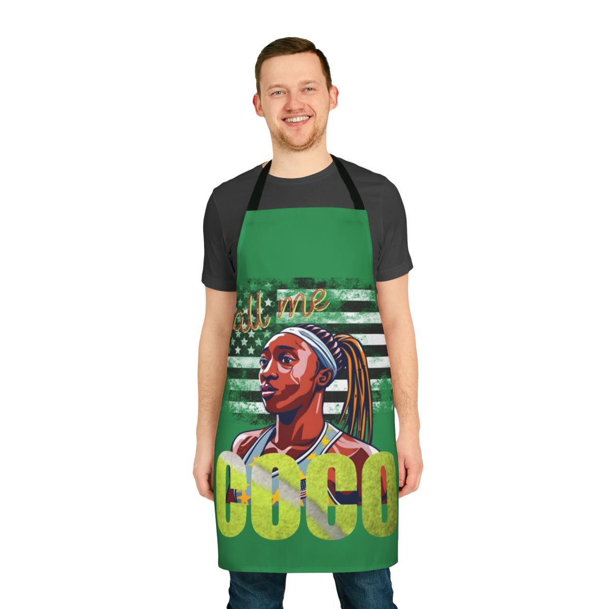 Cori Gauff inspired apron featuring tennis ball, racket, and "Girl Power" design