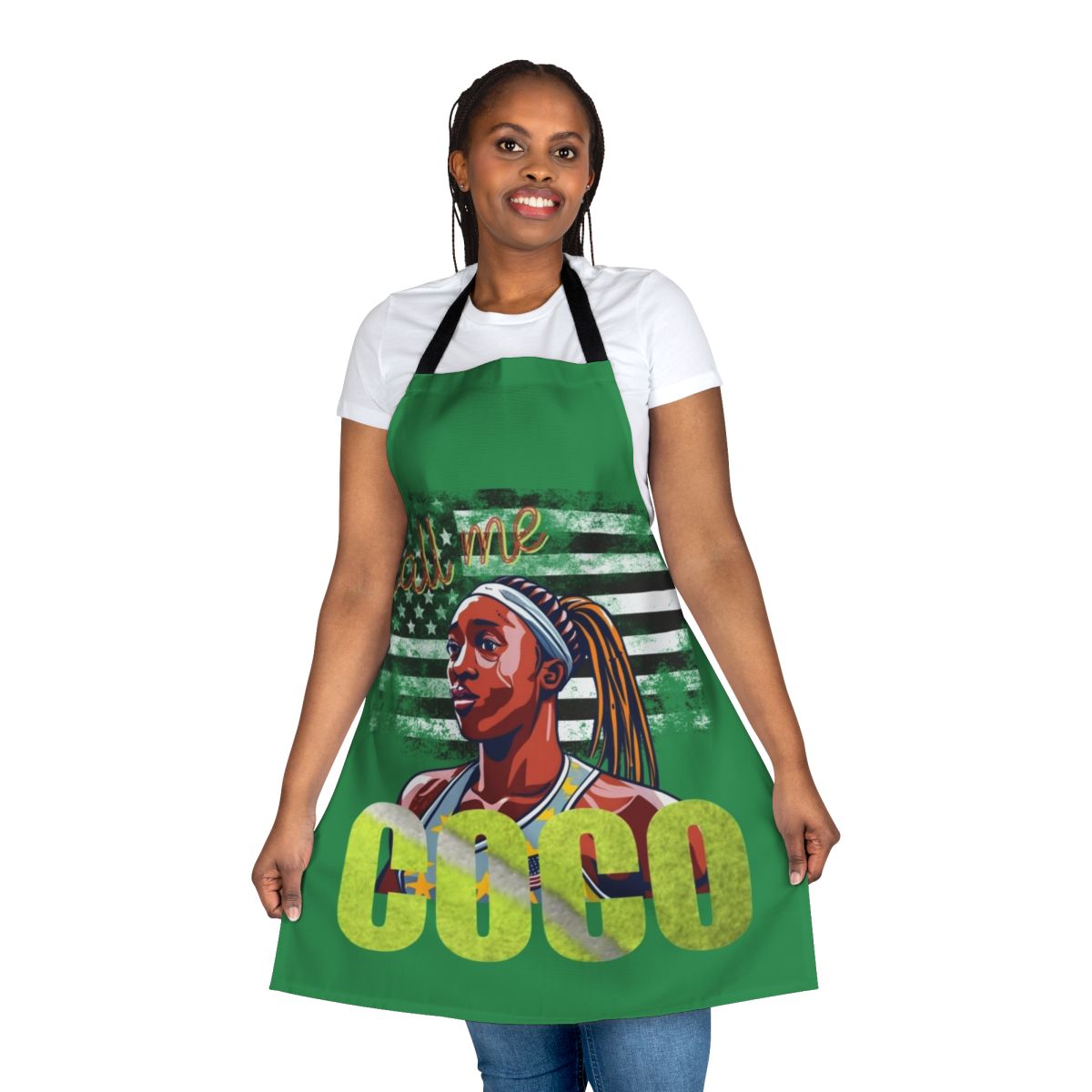 Cori Gauff inspired apron featuring tennis ball, racket, and "Girl Power" design