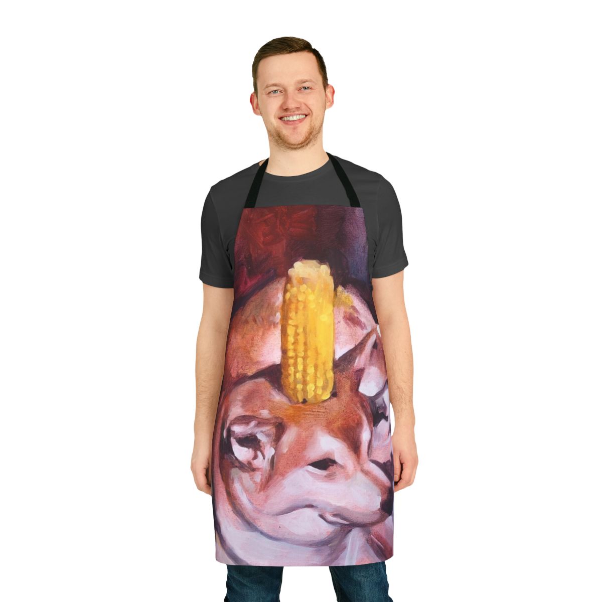 Corn dog themed apron with meme-inspired design