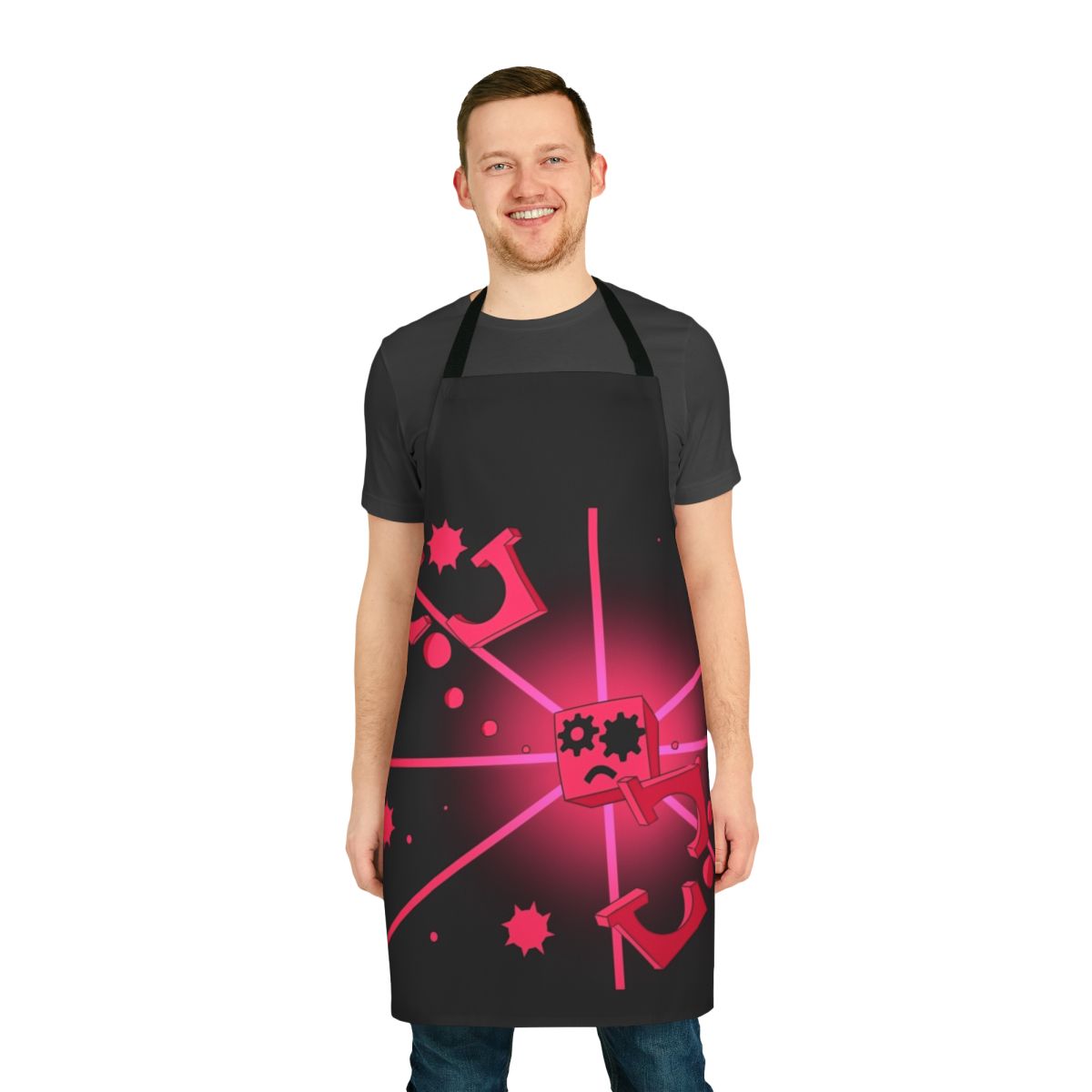 Corrupted Cube Apron featuring a pink cube design, inspired by the video game Just Shapes & Beats