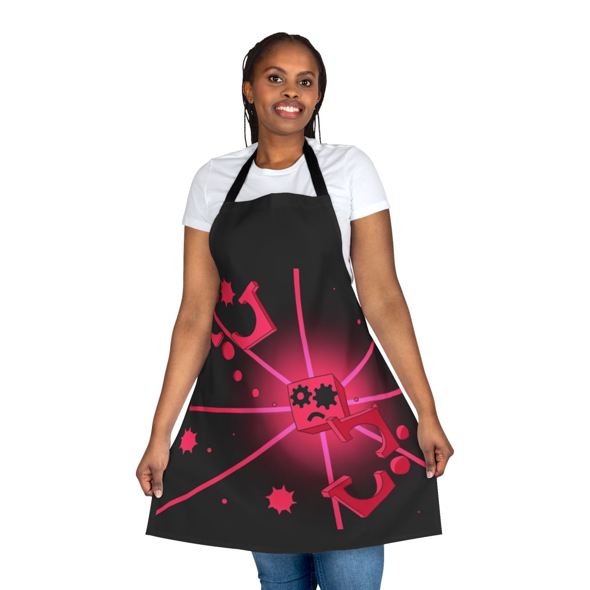 Corrupted Cube Apron featuring a pink cube design, inspired by the video game Just Shapes & Beats