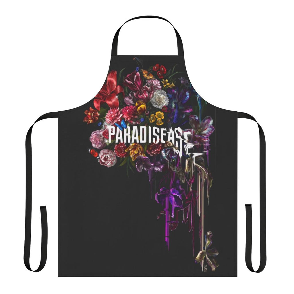 An apron featuring a digital art design of a lush floral bouquet with glitch, distortion, and error effects.