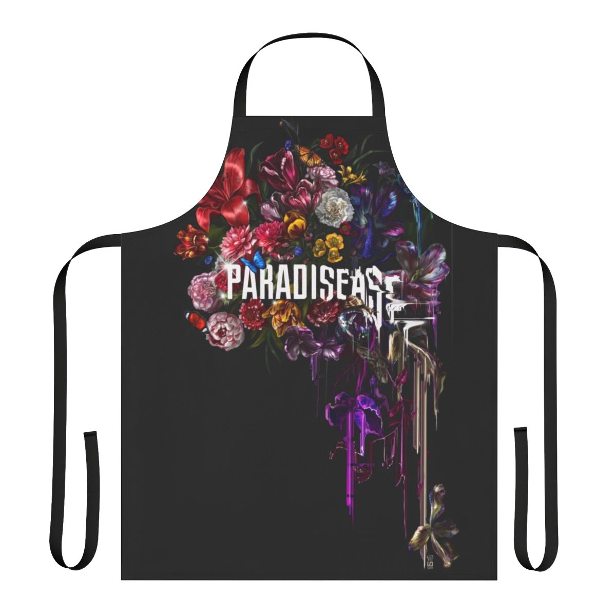 An apron featuring a digital art design of a lush floral bouquet with glitch, distortion, and error effects.