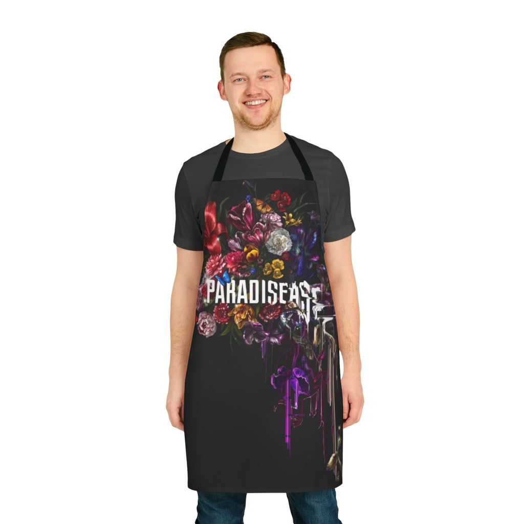 An apron featuring a digital art design of a lush floral bouquet with glitch, distortion, and error effects.