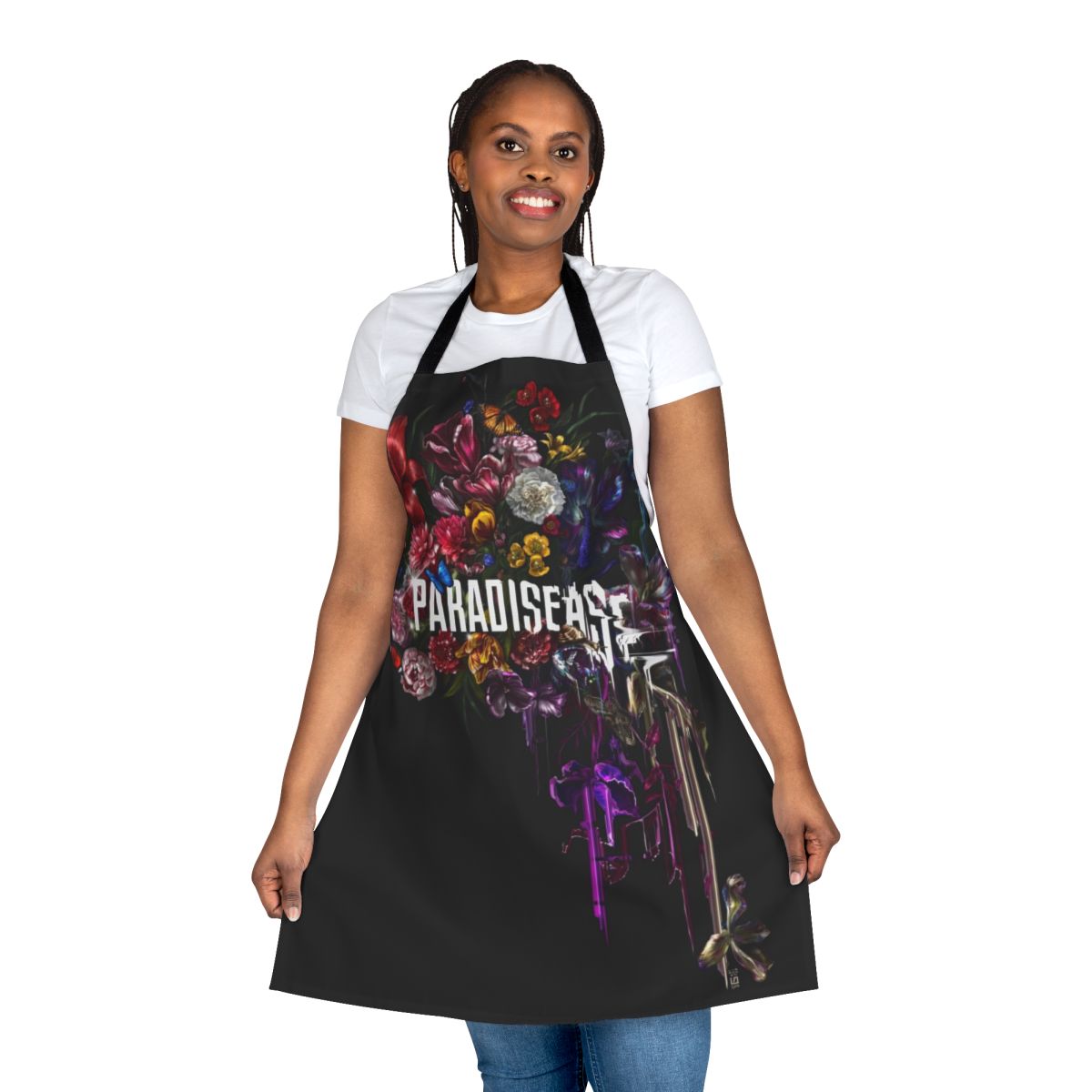 An apron featuring a digital art design of a lush floral bouquet with glitch, distortion, and error effects.