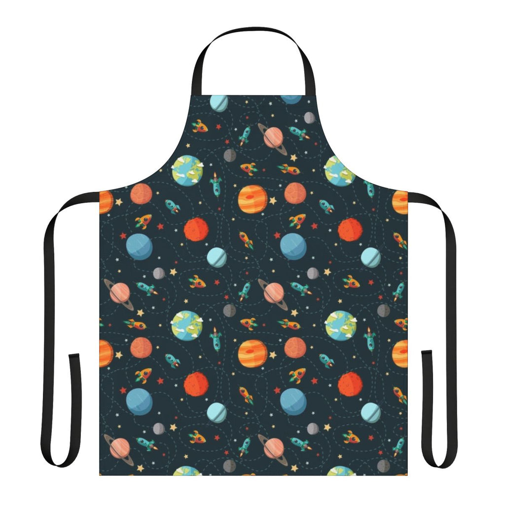 Colorful space-themed apron with cartoon planets, rockets, and astronauts