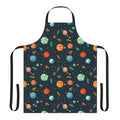 Colorful space-themed apron with cartoon planets, rockets, and astronauts