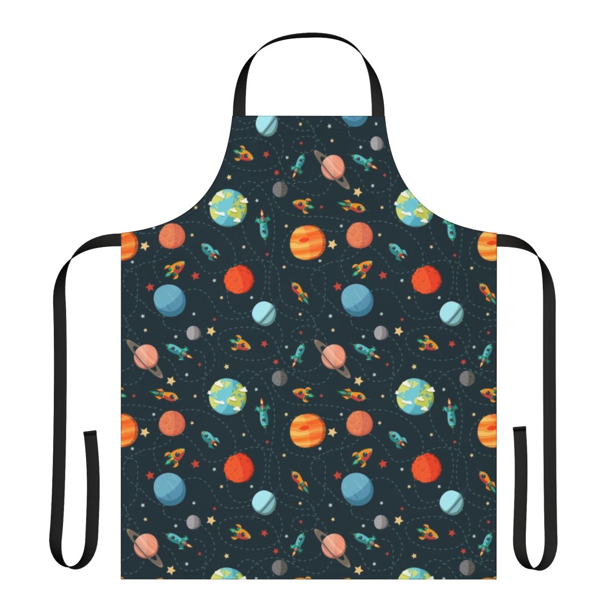 Colorful space-themed apron with cartoon planets, rockets, and astronauts
