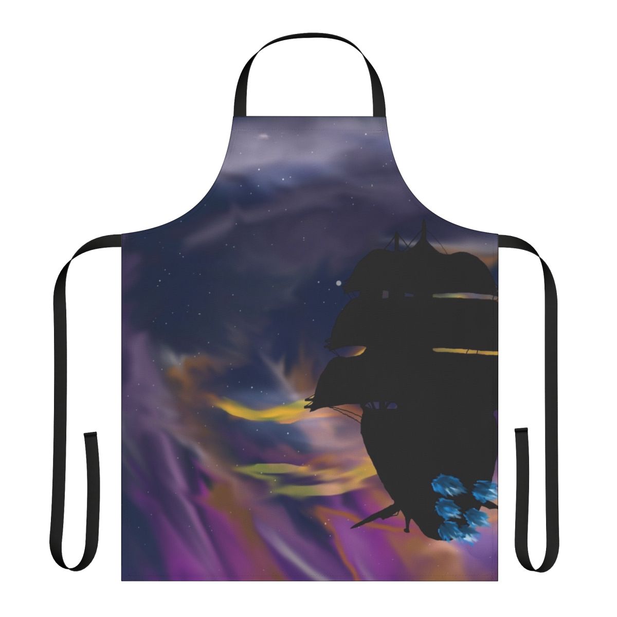 Apron featuring a silhouetted ship sailing through a starry galaxy