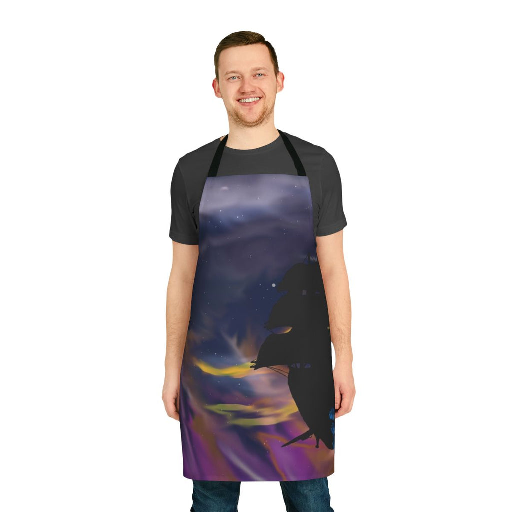 Apron featuring a silhouetted ship sailing through a starry galaxy