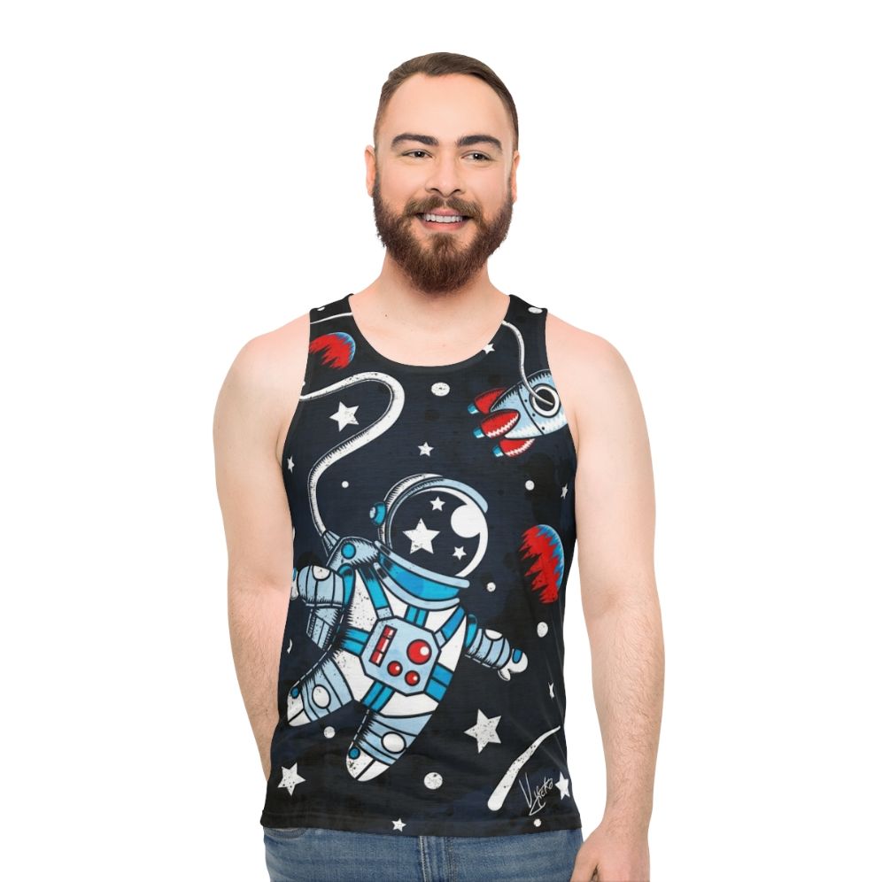 Space-themed unisex tank top with rocket ship and cosmic imagery