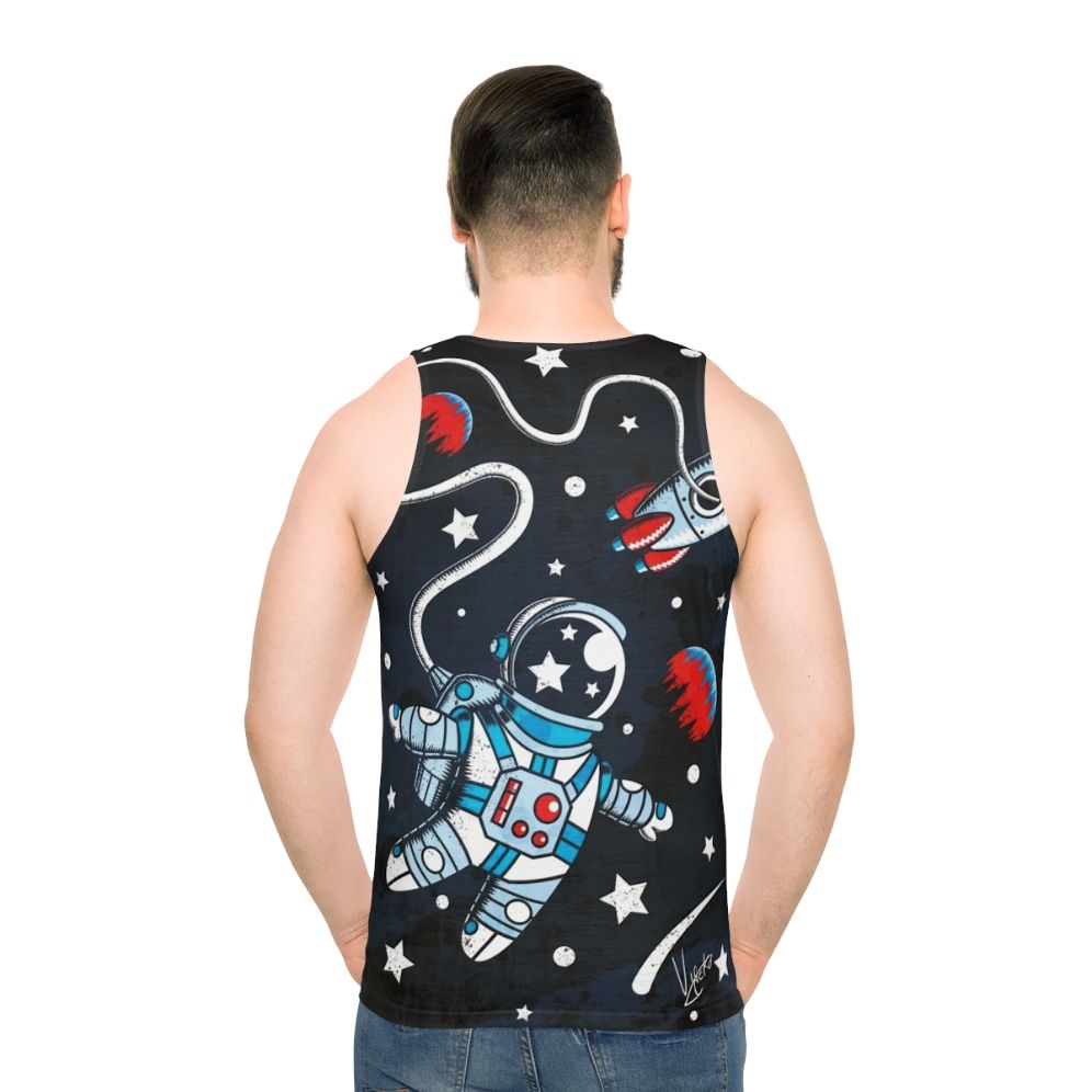Space-themed unisex tank top with rocket ship and cosmic imagery