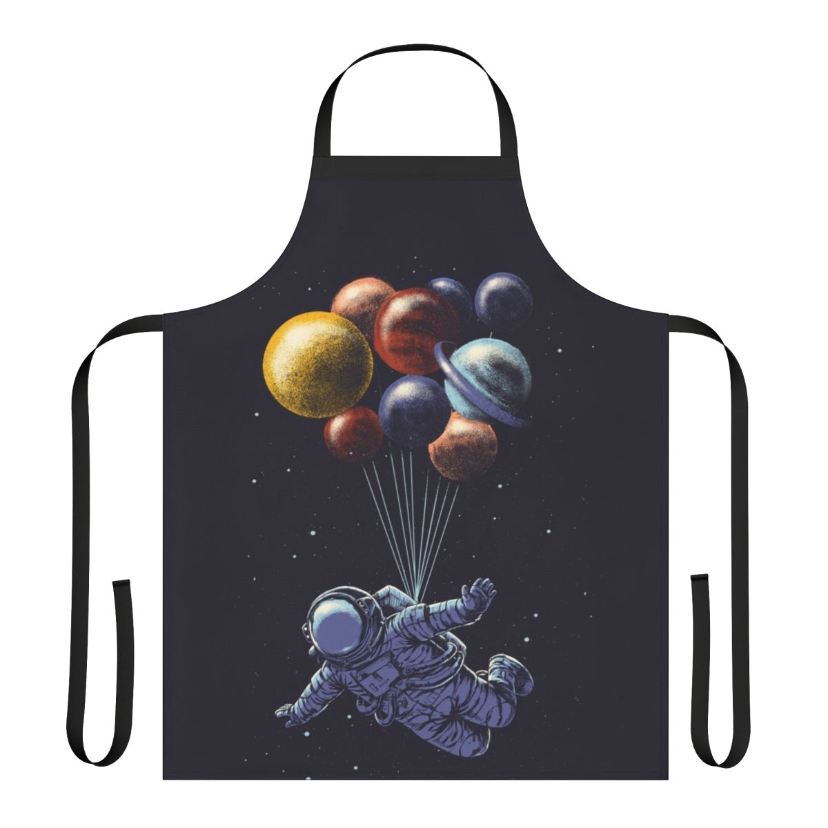 Colorful space-themed apron with abstract, surreal design featuring galaxy, solar system, and moon elements
